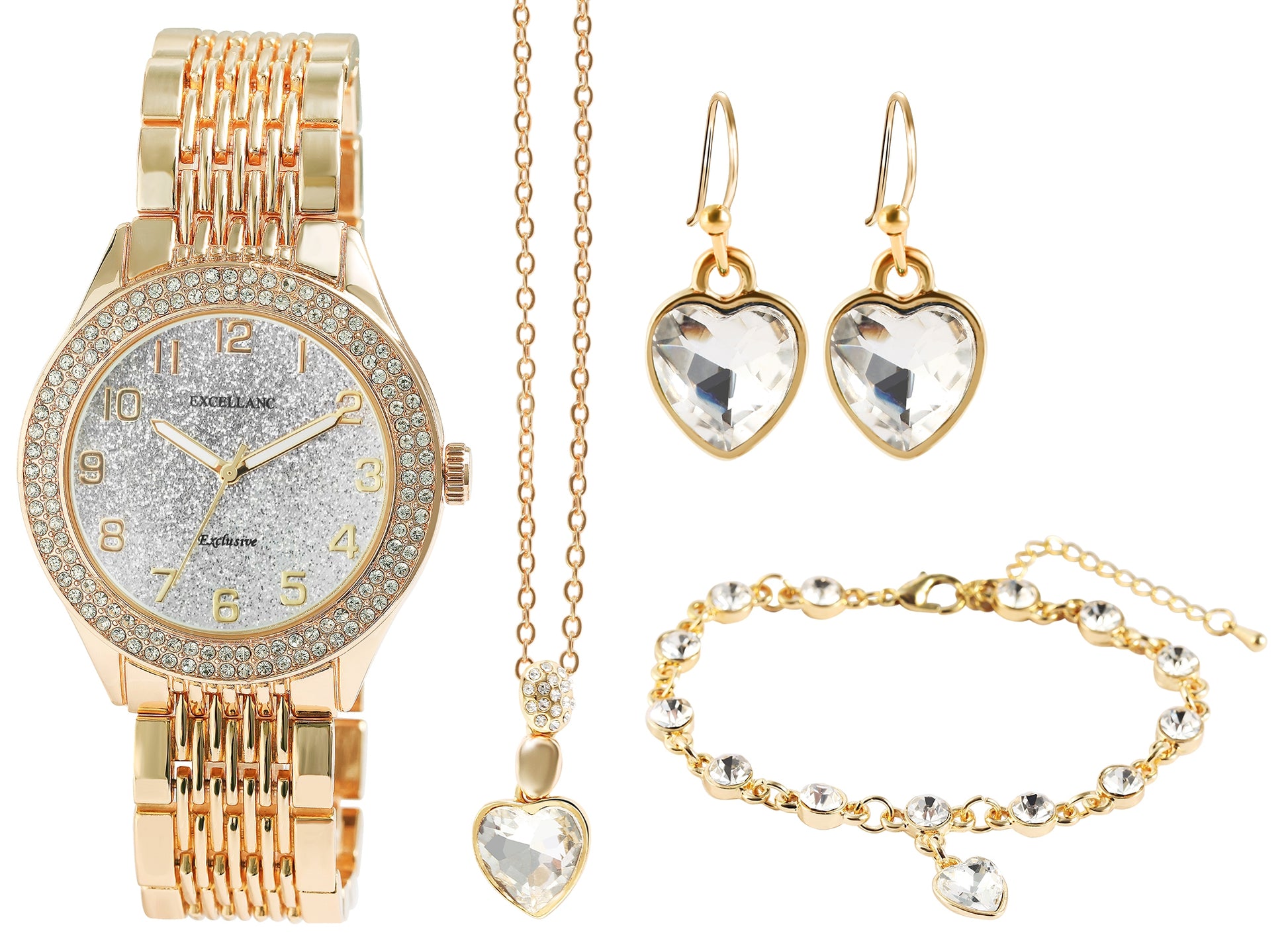 Juego de reloj de regalo para mujer Excellanc con pulsera y collar con cristales Emporia blancos en forma de corazón, tono dorado 3 