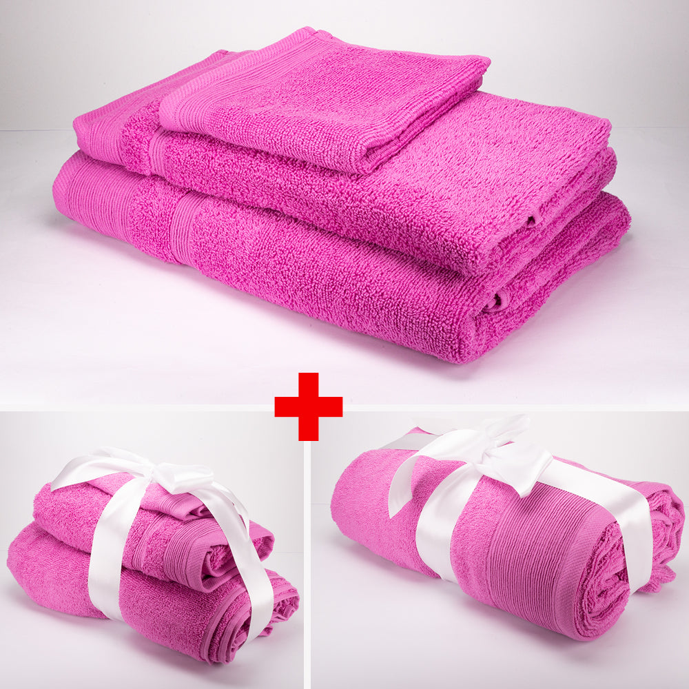 3+3+1 Regalo Juego de 3 piezas de Toallas 100% Microalgodón, 500 GSM, Rosa Fucsia 1 