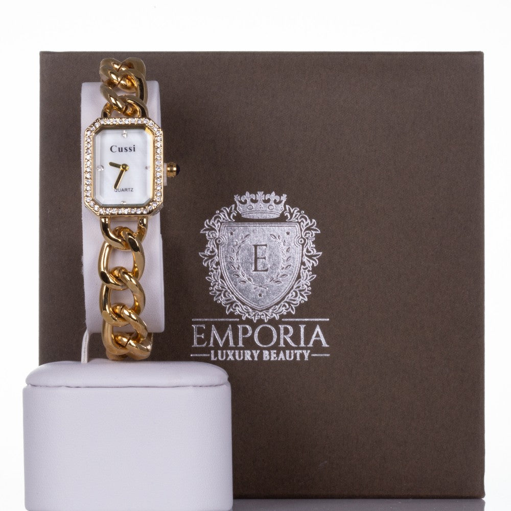 Reloj CUSSI de aleación bañado en oro para mujer con cristales de cuarzo + cristales alrededor de la esfera, correa de cadena con caja de regalo 1 