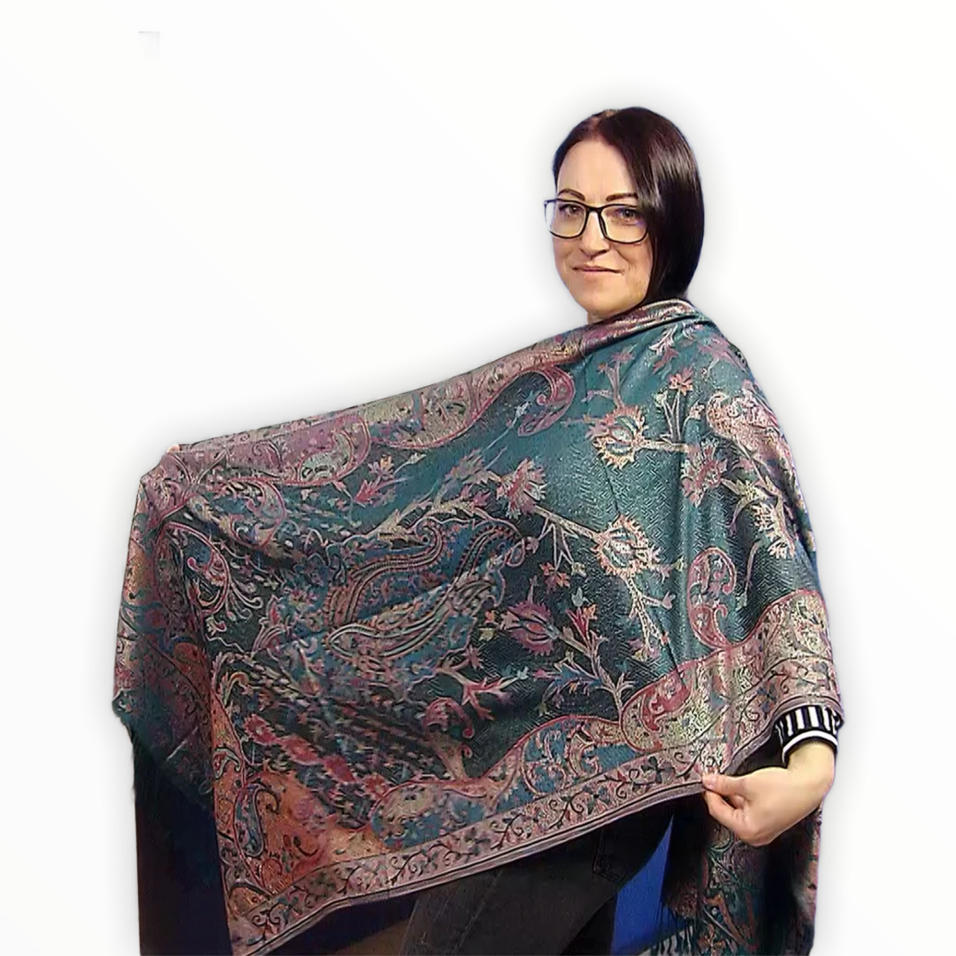 Bufanda de cachemira 100%  Pashmina auténtica, 70 cm x 180 cm, paisley verde azulado, brillante 1 