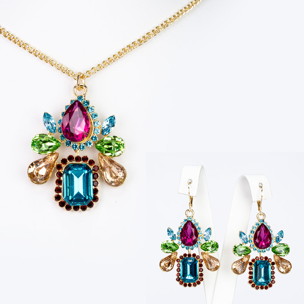 Conjunto de Aleación Bañado en Oro con Cristal Emporia® Rojo y Cristal Emporia® Azul ( Collar +Pendientes +Colgante )
