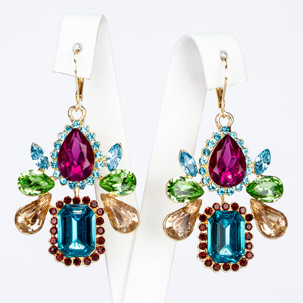 Conjunto de Aleación Bañado en Oro con Cristal Emporia® Rojo y Cristal Emporia® Azul ( Collar +Pendientes +Colgante )