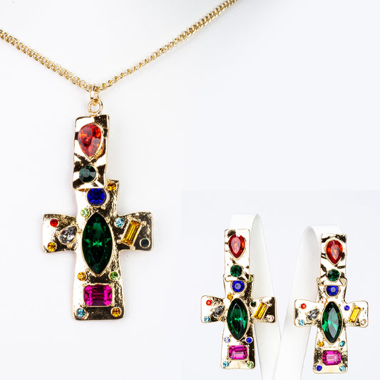 Conjunto de Aleación Bañado en Oro con Cristal Emporia® Rojo y Cristal Emporia® Azul ( Collar +Pendientes +Colgante )