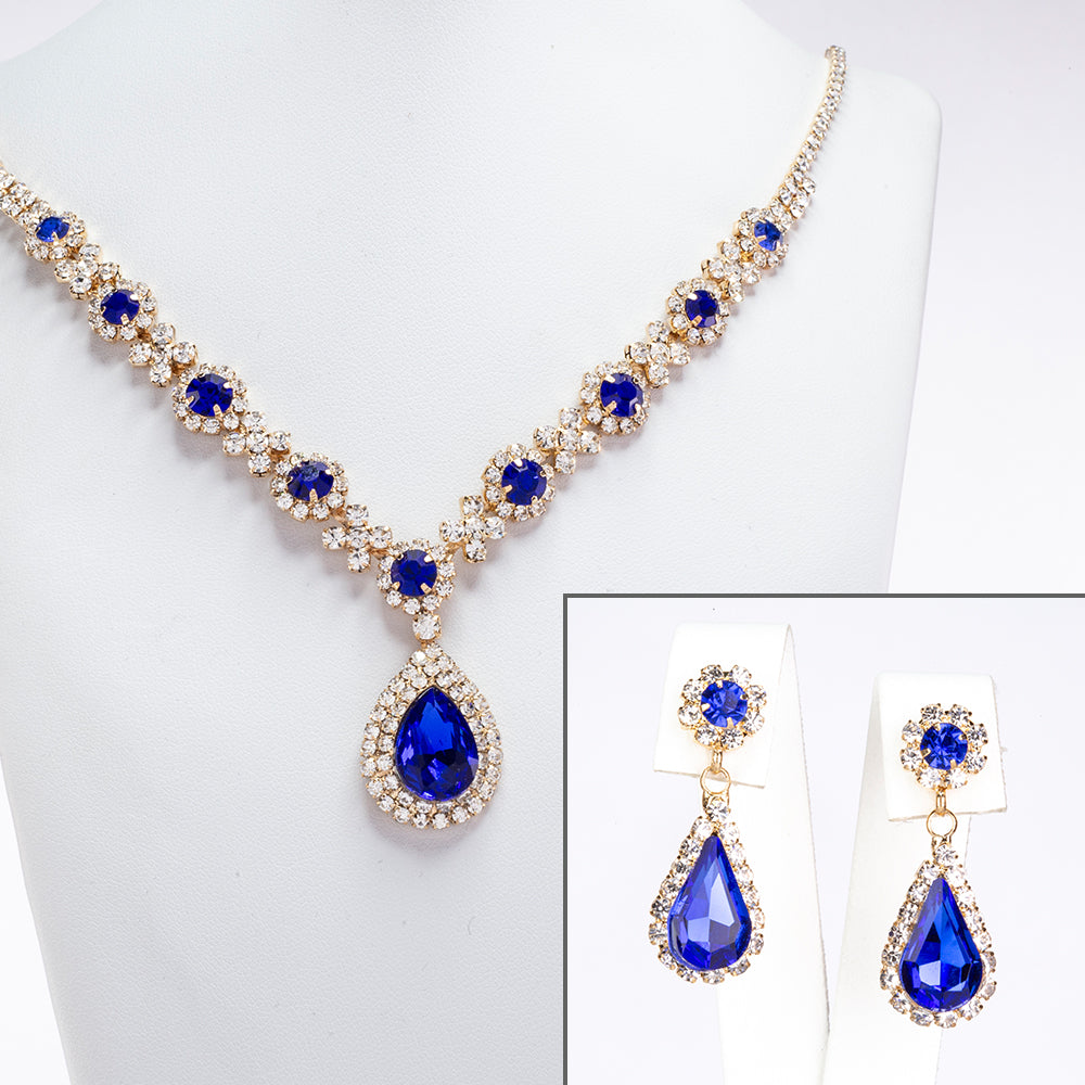 Conjunto de Aleación Bañado en Oro con Cristal Emporia® Azul y Cristal Emporia® Blanco ( Collar +Pendientes )