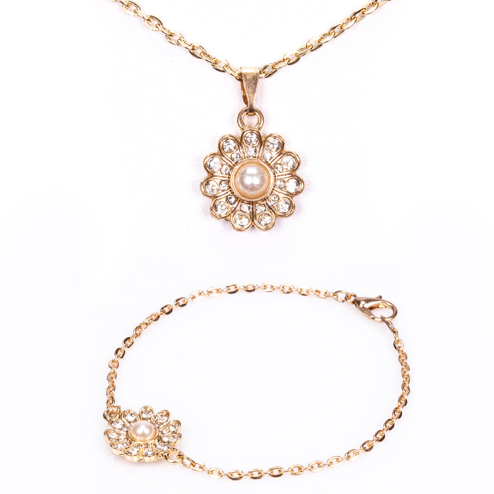 Conjunto de Aleación Bañado en Oro con Perla y Cristal Emporia® Blanco ( Collar +Pulsera ) 1 