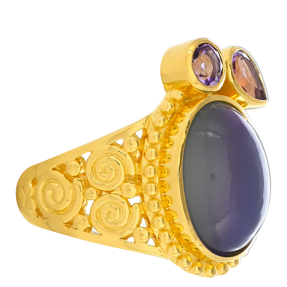 Anillo de Plata Bañada en Oro con Piedra Lunar Púrpura y Amatista de Marruecos