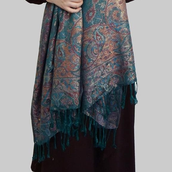 Bufanda de cachemira 100%  Pashmina auténtica, 70 cm x 180 cm, paisley verde azulado, brillante 3 