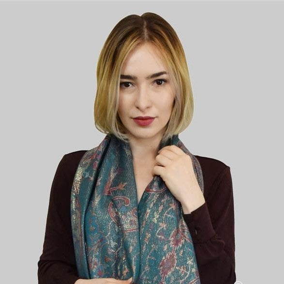 Bufanda de cachemira 100%  Pashmina auténtica, 70 cm x 180 cm, paisley verde azulado, brillante