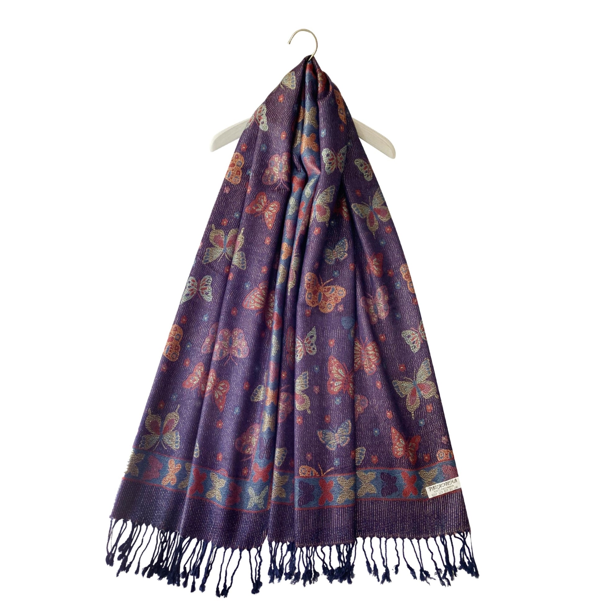 Bufanda de cachemira 100% pashmina auténtica, 70 cm x 170 cm, estampado de mariposas azul marino brillante 4 