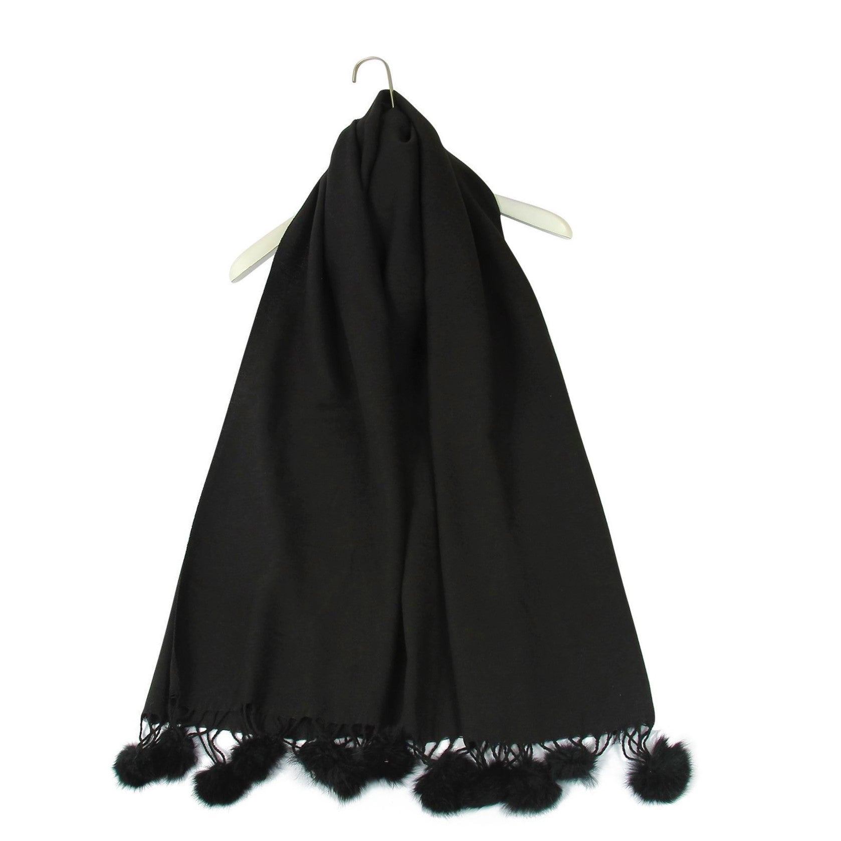 Bufanda con Pom Pom de piel, 60 cm x 170 cm, negra 3 