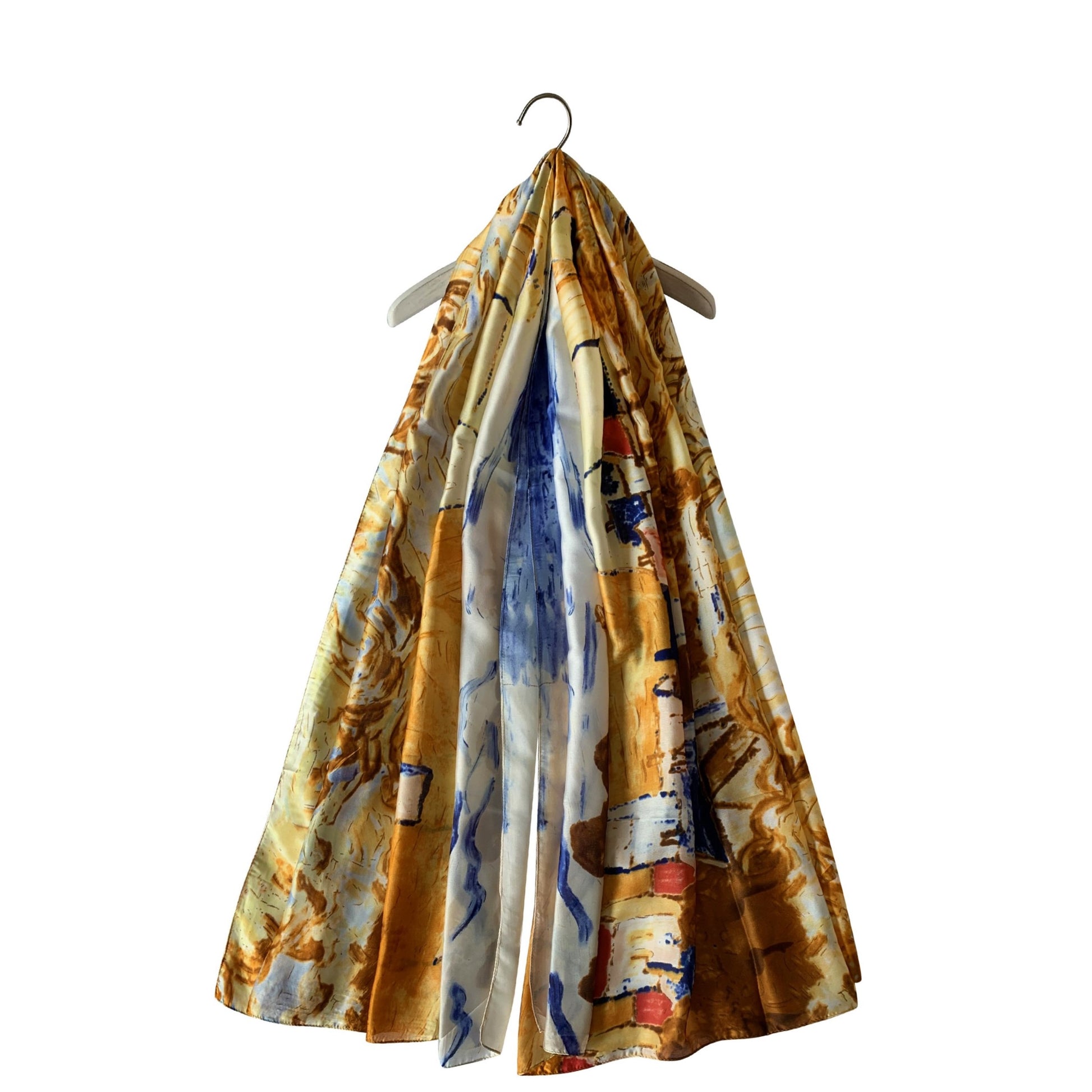 Pañuelo de 100% seda auténtica, 90 cm x 180 cm, estampado de pueblo de estilo impresionista 4 