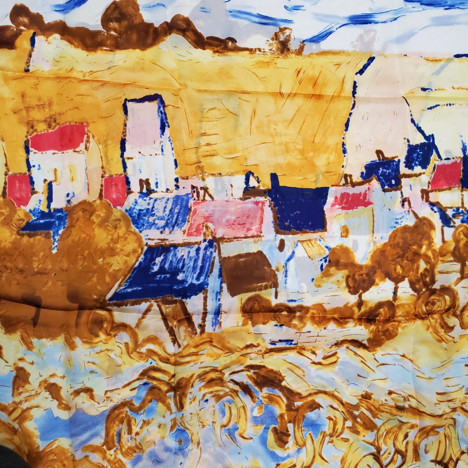 Pañuelo de 100% seda auténtica, 90 cm x 180 cm, estampado de pueblo de estilo impresionista 6 