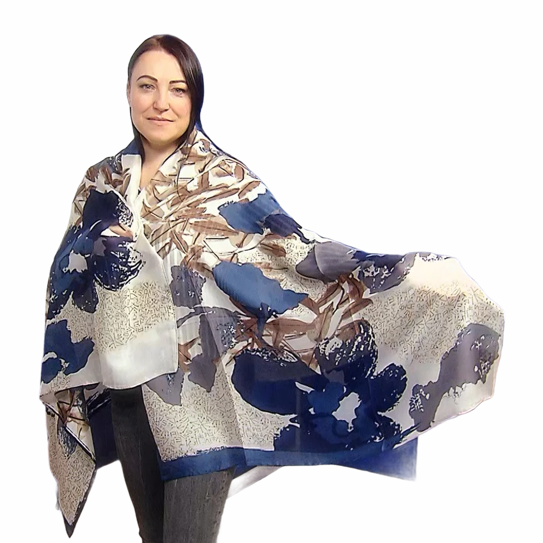 Bufanda-chal de 100% seda auténtica, 90 cm x 180 cm, estampado floral grande y texto antiguo 1 