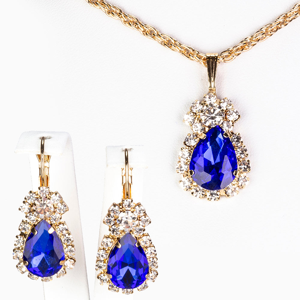 Conjunto de Aleación Bañado en Oro con Cristal Emporia® Azul ( Collar +Pendientes +Colgante )