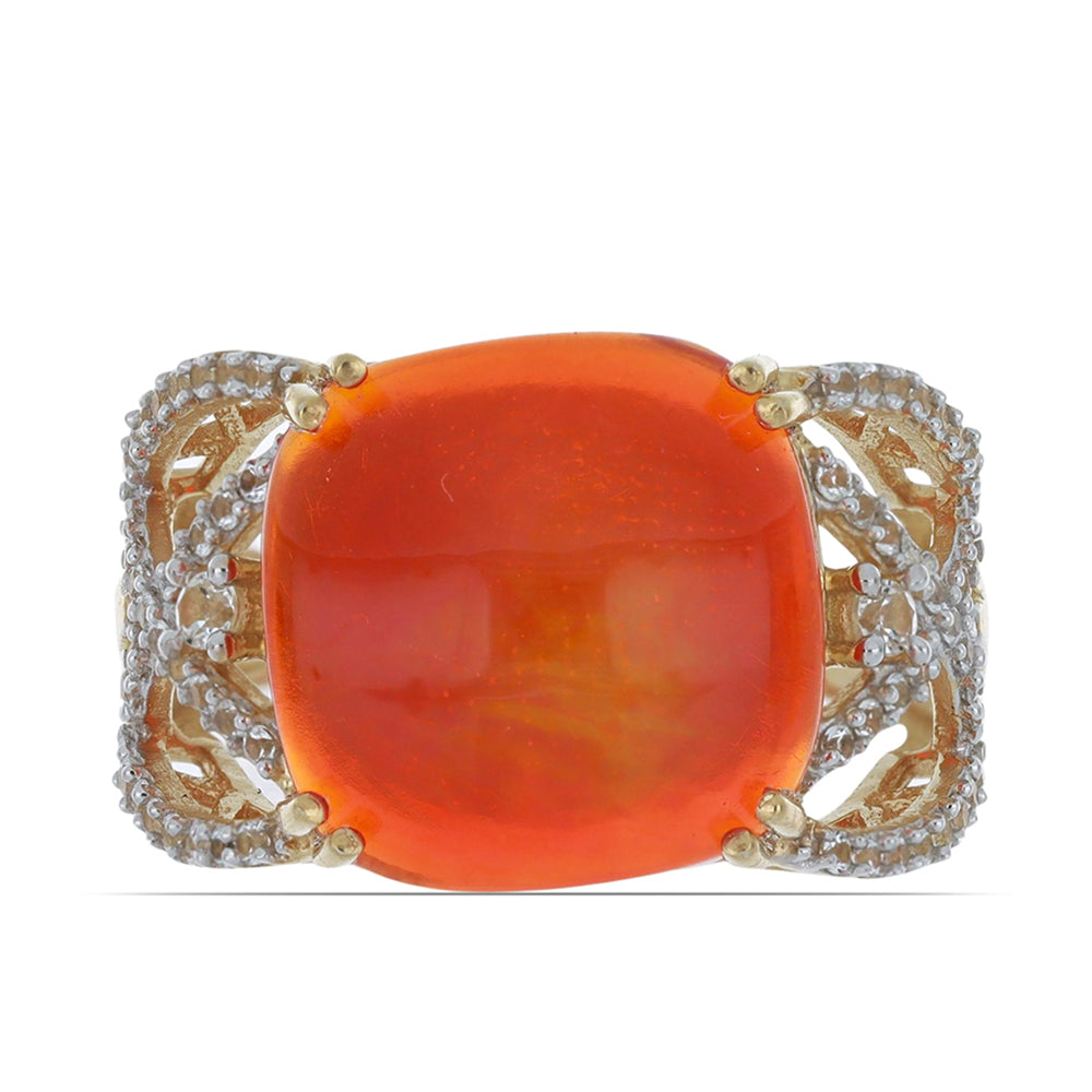 Anillo de Plata Bañada en Oro con Ópalo Naranja de Lega Dembi y Topacio Blanco 1 