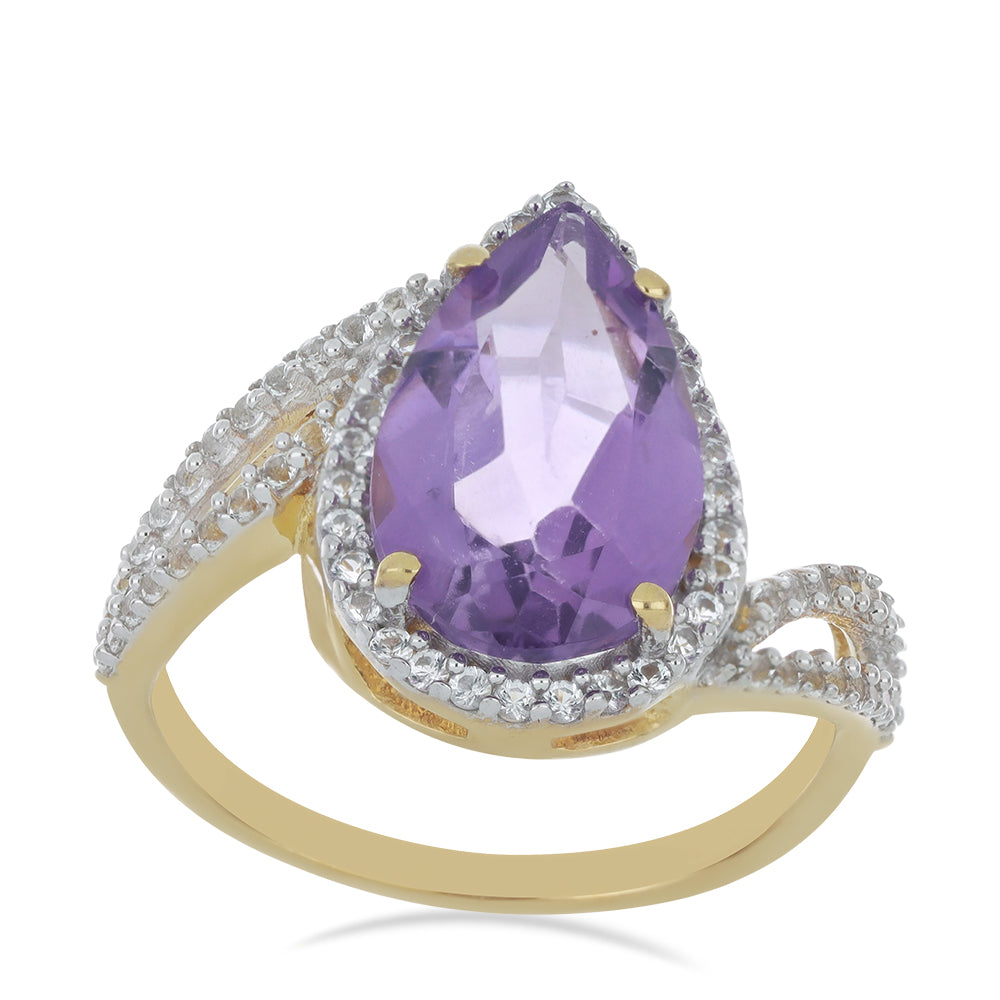 Anillo de Plata Bañada en Oro con Amatista de Vera Cruz y Topacio Blanco 2 