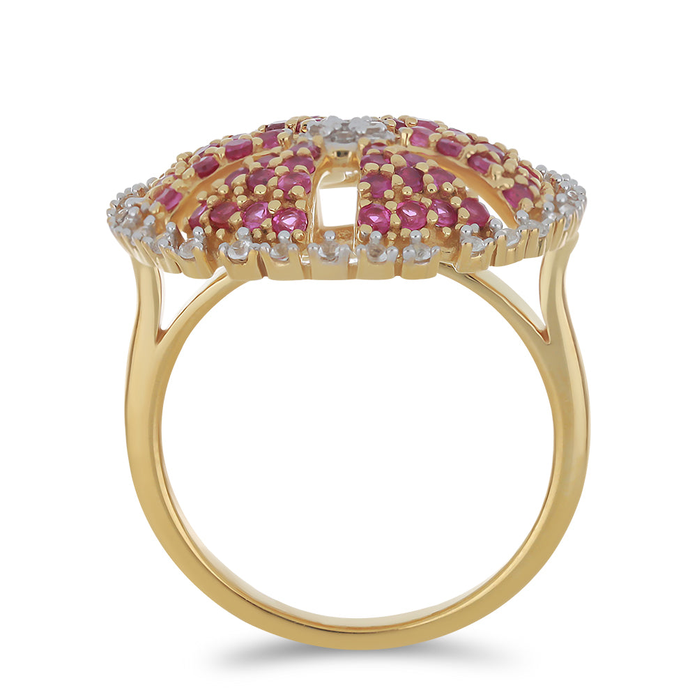 Anillo de Plata Bañada en Oro con Rubí de Madagascar y Topacio Blanco 2 