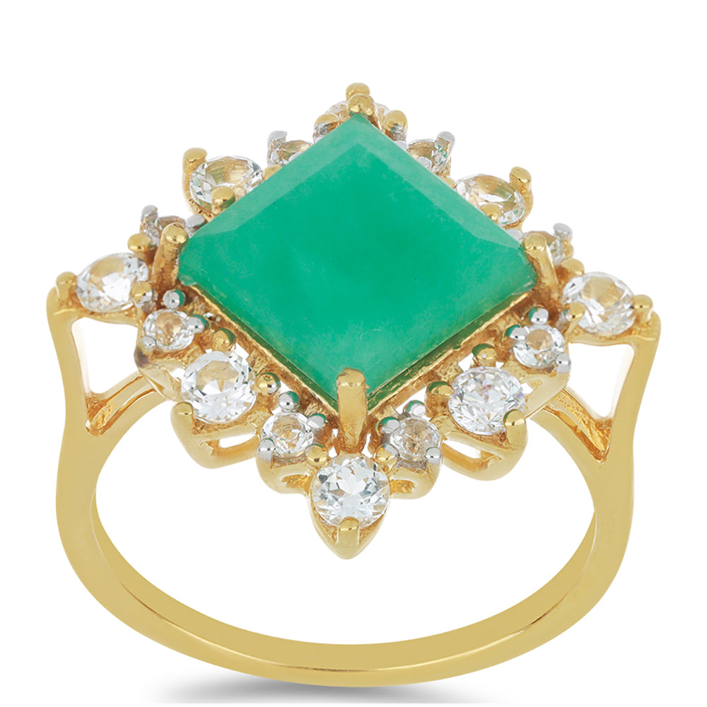 Anillo de Plata Bañada en Oro con Esmeralda de Brasil y Topacio Blanco