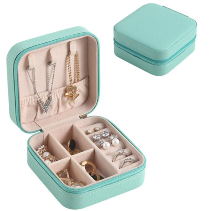 Caja organizadora de joyas de terciopelo y cuero de PU, turquesa 1 